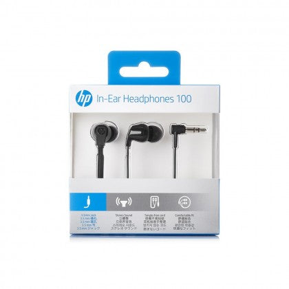 HP in-ear headphones packaging on a white background