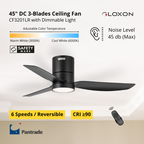 Gloxon 45" DC 3-Blades Hugger Ceiling Fan with LED Light CF3201 LR