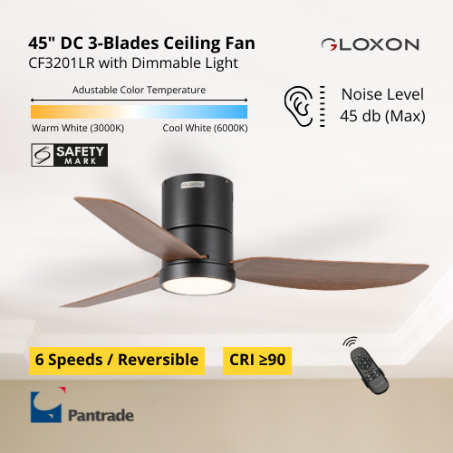 Gloxon 45" DC 3-Blades Hugger Ceiling Fan with LED Light CF3201 LR