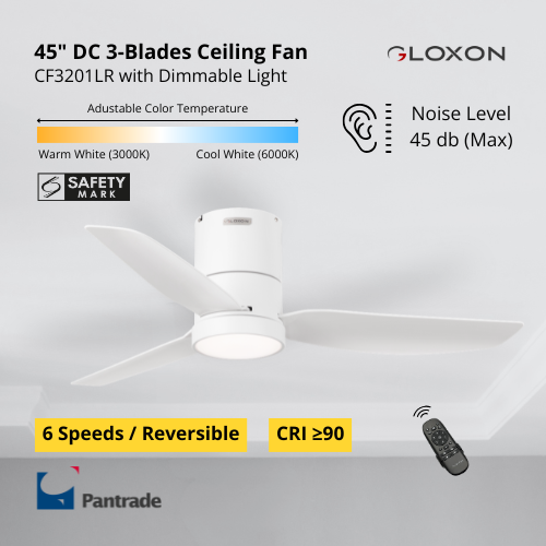 Gloxon 45" DC 3-Blades Hugger Ceiling Fan with LED Light CF3201 LR
