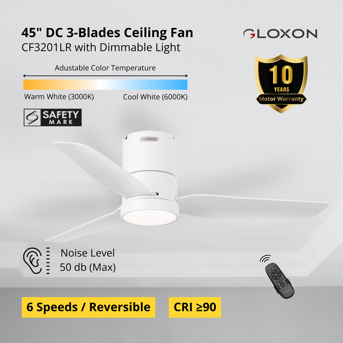 Gloxon 45" DC 3-Blades Hugger Ceiling Fan with LED Light CF3201 LR