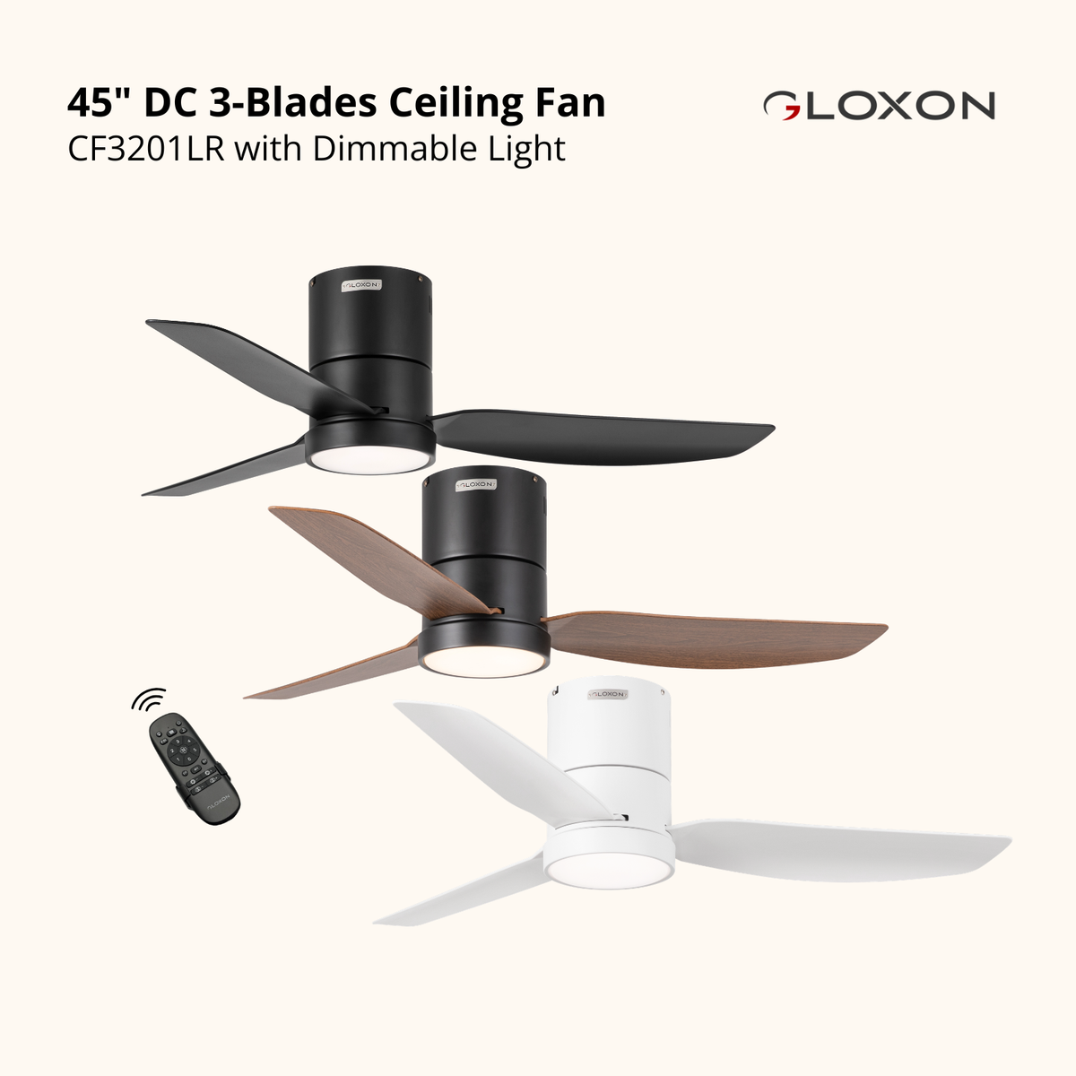 Gloxon 45" DC 3-Blades Hugger Ceiling Fan with LED Light CF3201 LR