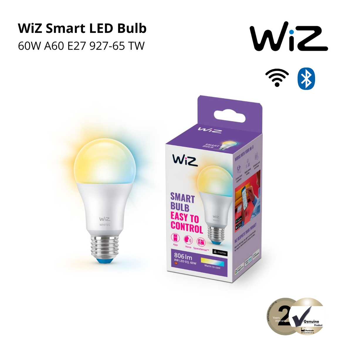 WiZ Smart Led Bulb 60W A60 E27 927-65 Tunable White