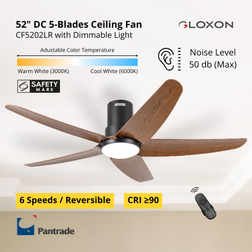 Gloxon 52" DC 5-Blades Hugger Ceiling Fan with LED Light CF3202 LR