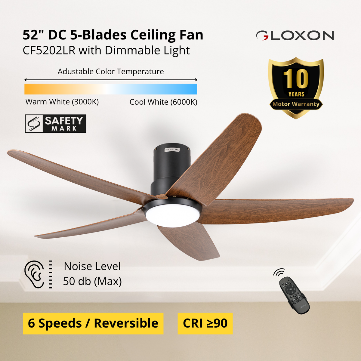 Gloxon 52" DC 5-Blades Hugger Ceiling Fan with LED Light CF3202 LR