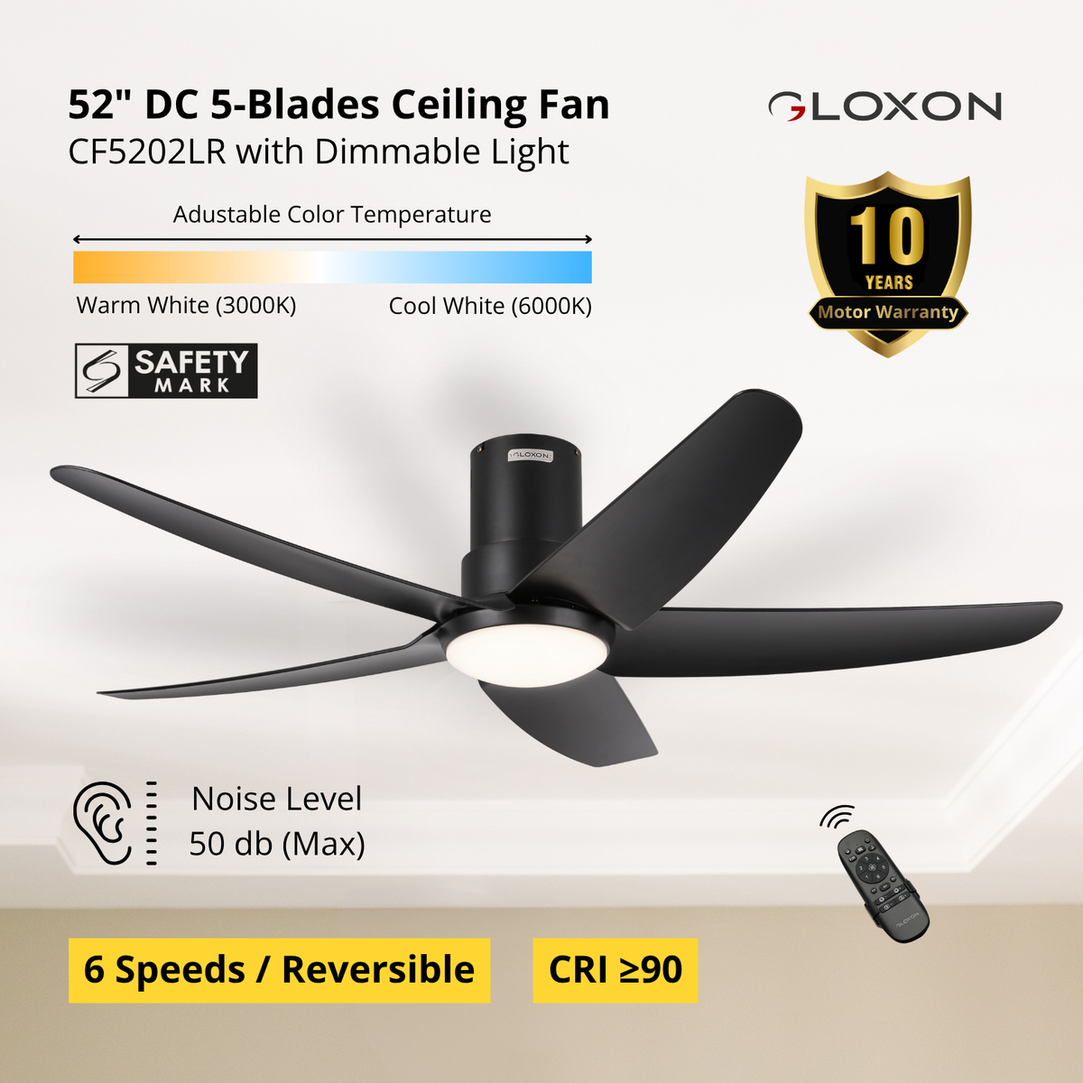 Gloxon 52" DC 5-Blades Hugger Ceiling Fan with LED Light CF3202 LR