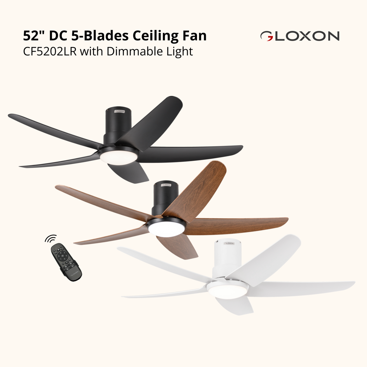 Gloxon 52" DC 5-Blades Hugger Ceiling Fan with LED Light CF3202 LR