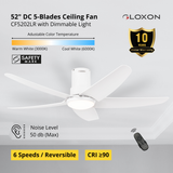 Gloxon 52" DC 5-Blades Hugger Ceiling Fan with LED Light CF3202 LR