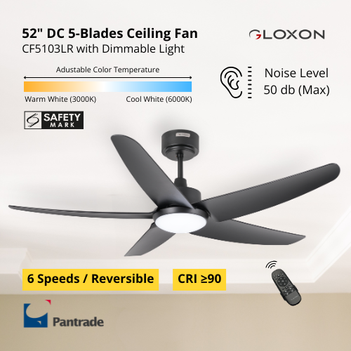 Gloxon 52" DC 5-Blades Downrod Ceiling Fan with LED Light CF5103 LR