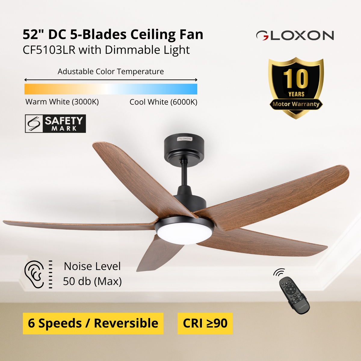 Gloxon 52" DC 5-Blades Downrod Ceiling Fan with LED Light CF5103 LR