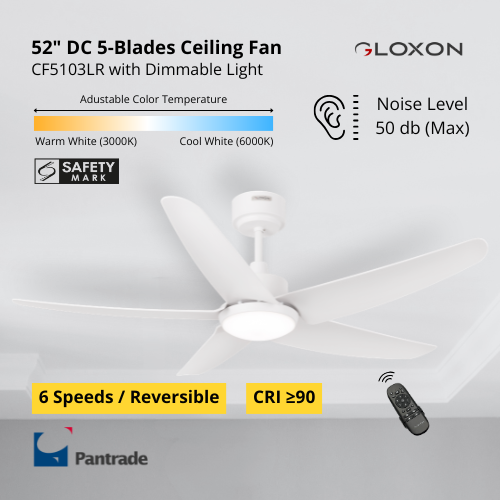 Gloxon 52" DC 5-Blades Downrod Ceiling Fan with LED Light CF5103 LR