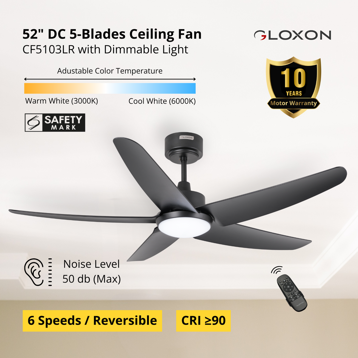 Gloxon 52" DC 5-Blades Downrod Ceiling Fan with LED Light CF5103 LR