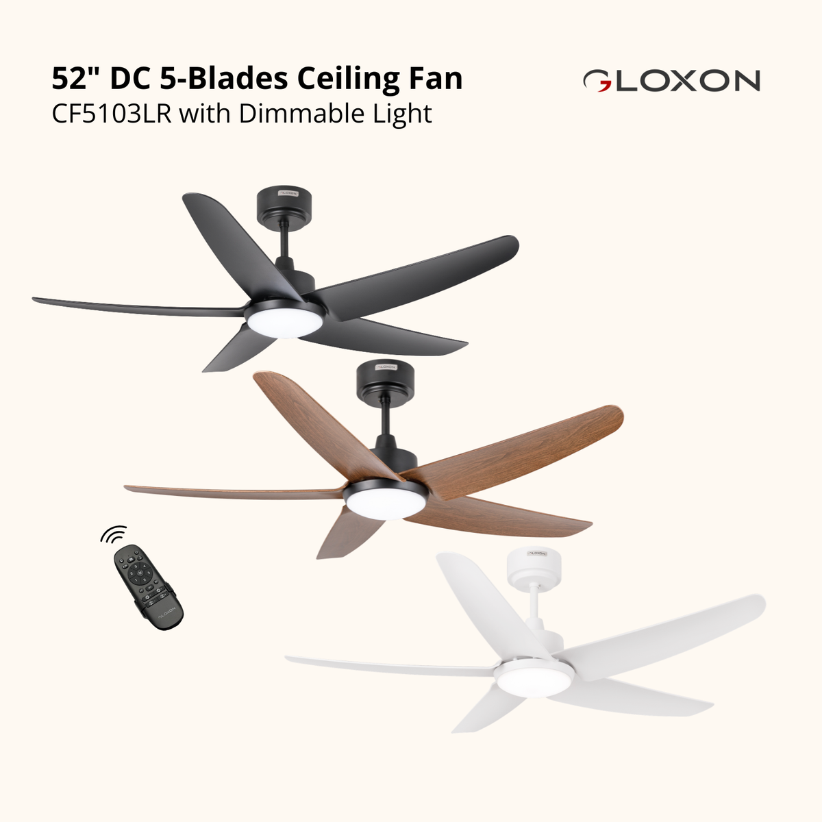 Gloxon 52" DC 5-Blades Downrod Ceiling Fan with LED Light CF5103 LR