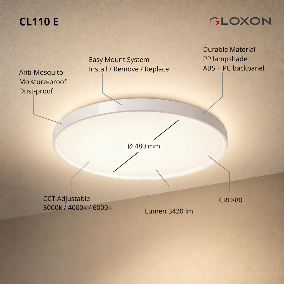 Gloxon 480mm Glide & Glow LED Ceiling Light CL110 E