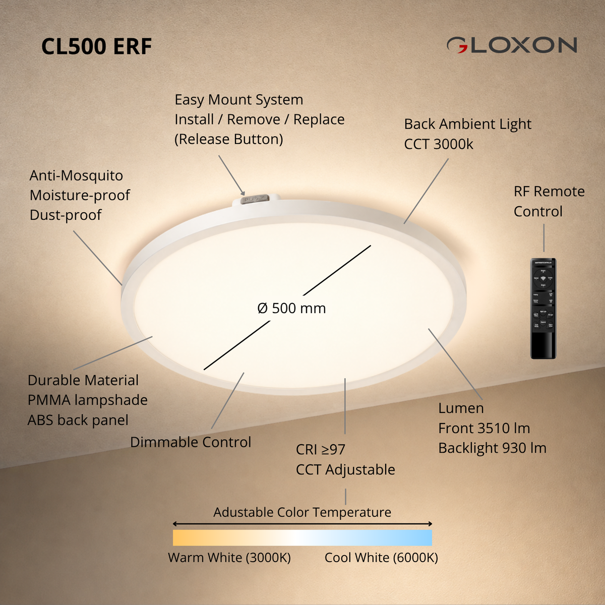 Gloxon 500mm GlideElite LED Ceiling Light CL500 ERF