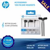 HP in-ear headphones with packaging on a blue and white background