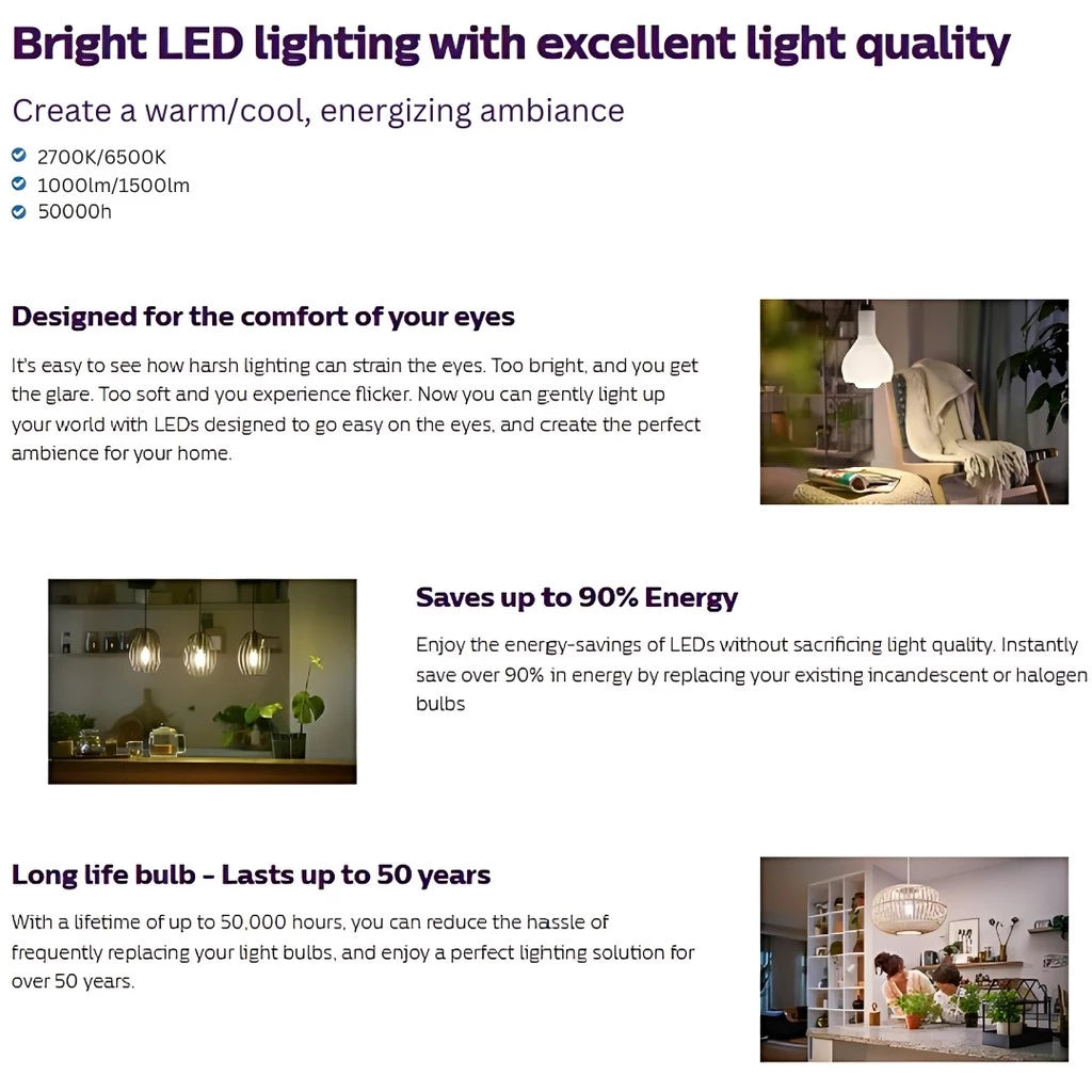 Philips UltraEfficient Filament Bulb Frosted A60 E27 5W/7.5W, 2700K/ 6500K