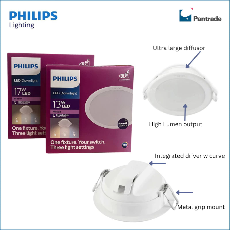 Philips Meson LED ROUND Downlight 13W / 17W Scene Switch mode in 3 light settings in bundle of 2 sets